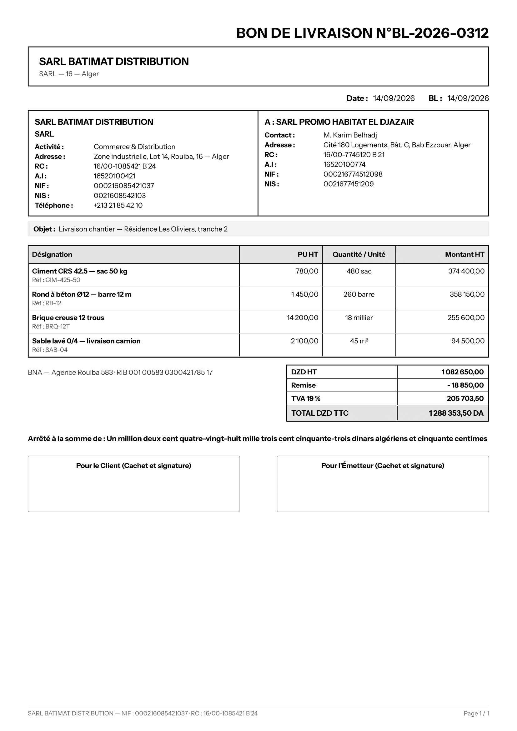 Exemple de bon de livraison généré par Fakto